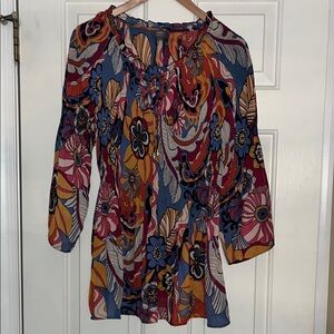 Ninety Blue and Orange Graphic 3/4 Sleeve Blouse